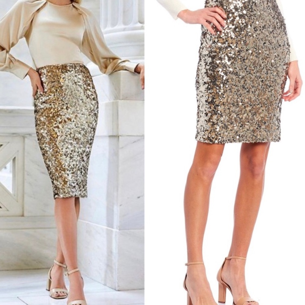 NWT Antonio Melani Kasia Gold Sequin Sequence Pencil Skirt